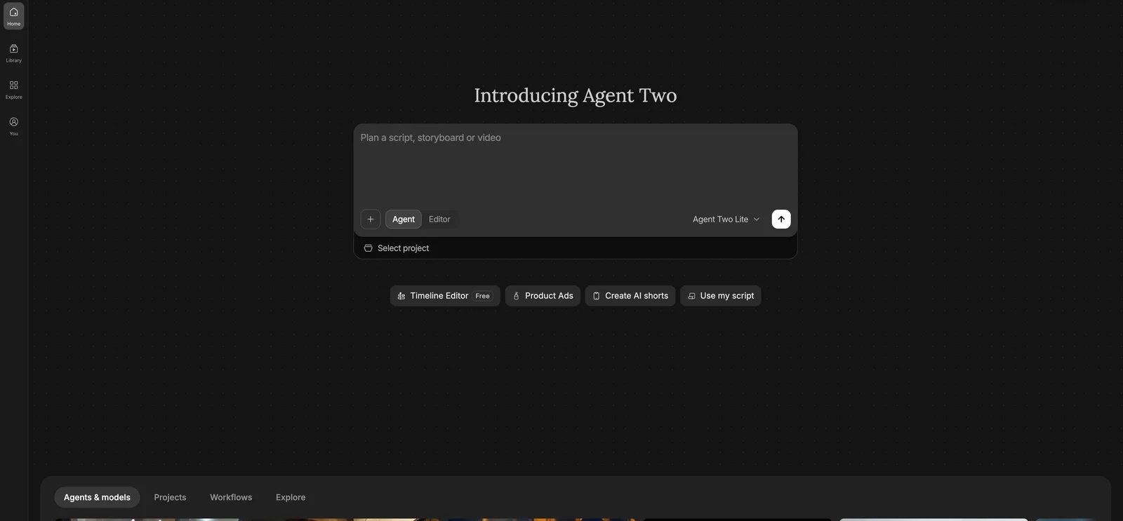 invideo Agent workspace with the Agent Two prompt for planning a script, storyboard, or video, Agent and Editor modes, and the Agent Two Lite selector