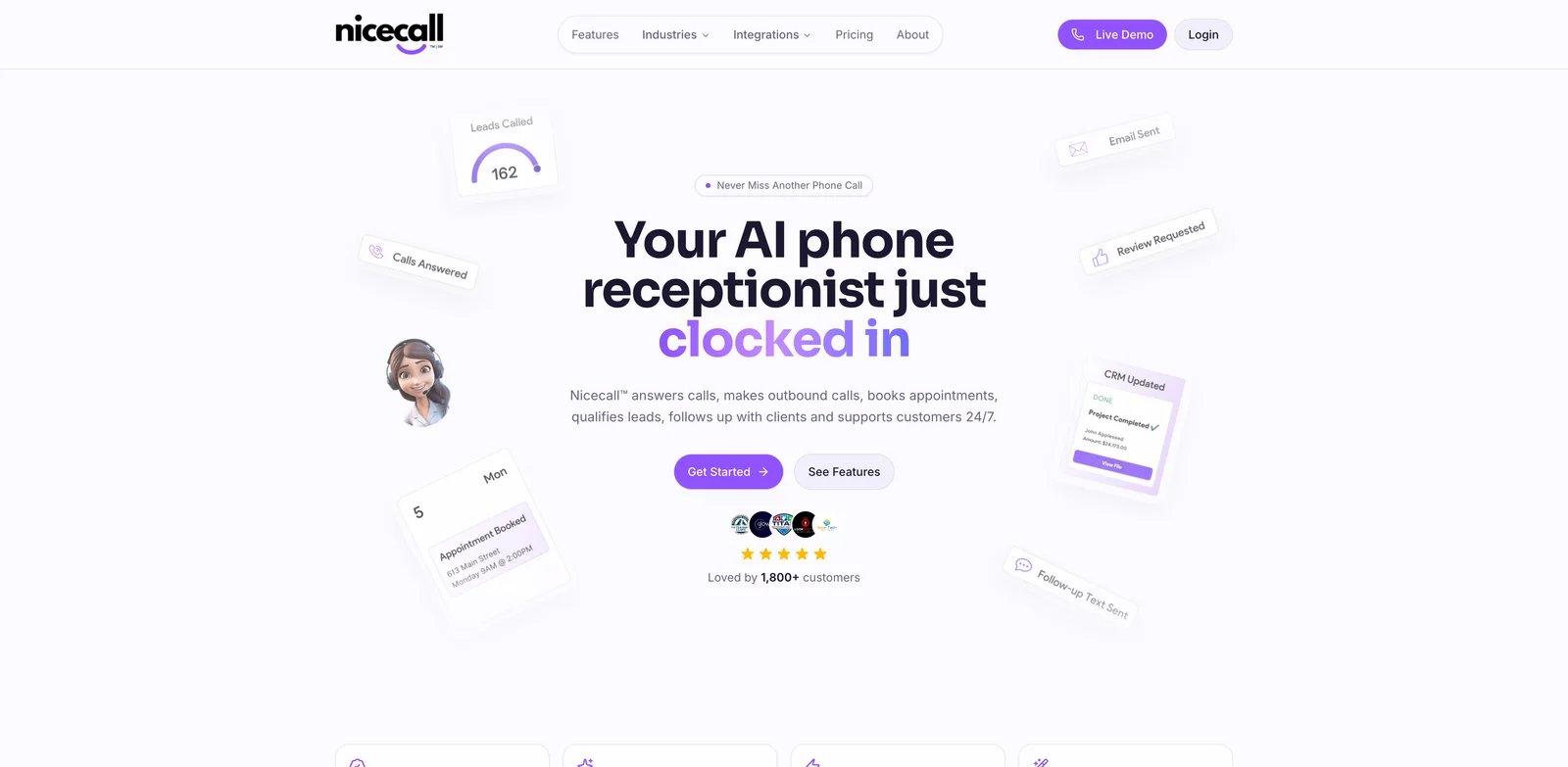 Nicecall interface showing AI receptionist, outbound campaigns and automation runs