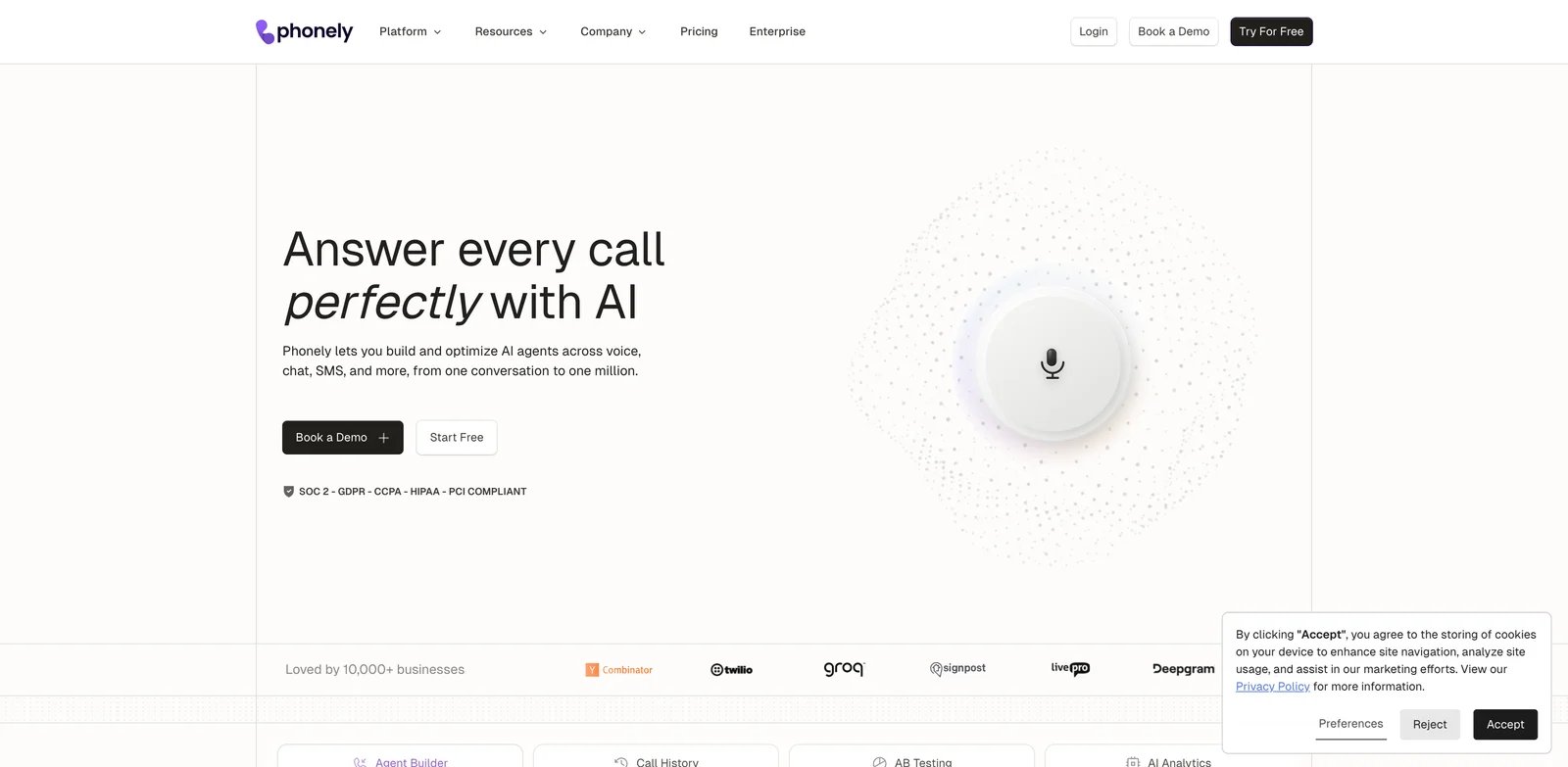 Phonely interface showing AI phone agent builder and call analytics