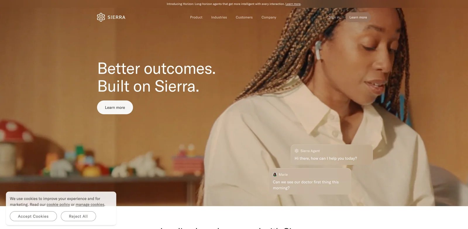 Sierra interface showing customer AI agent monitoring and improvement controls