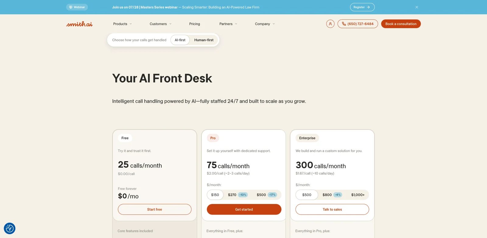 Smith.ai AI Receptionist interface showing call handling and lead qualification