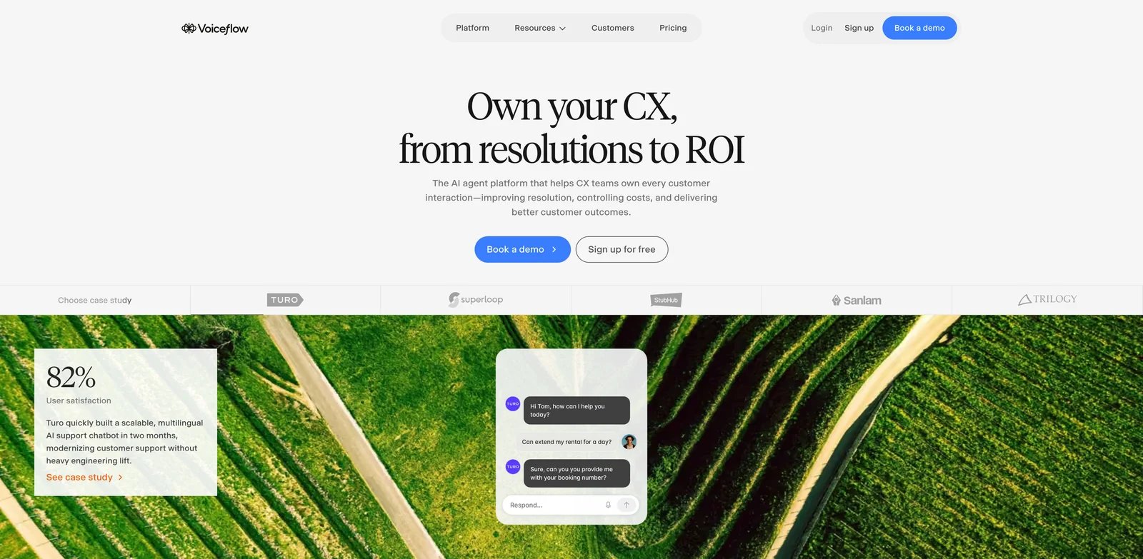 Voiceflow interface showing omnichannel AI agent design and analytics