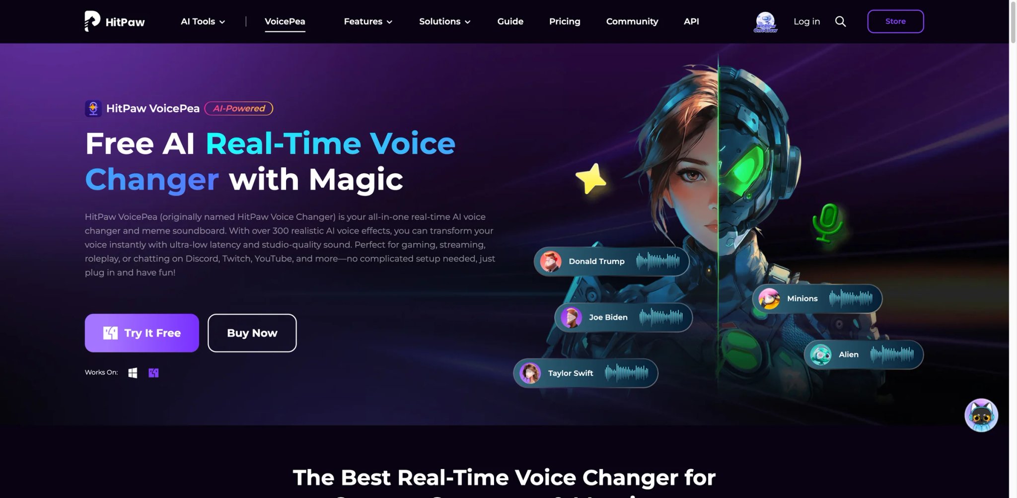 HitPaw VoicePea interface showing real-time voice changer with preset library and soundboard