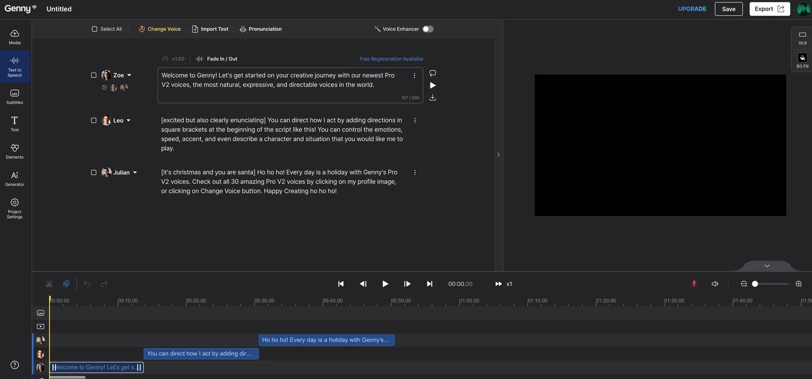 LOVO AI interface showing Genny platform with voiceover and video editor