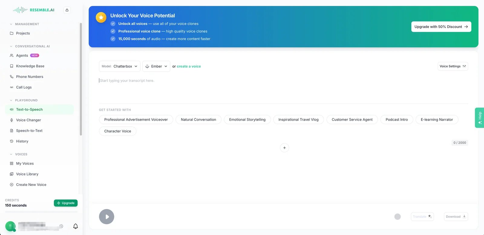 Resemble AI interface showing voice cloning and speech-to-speech features