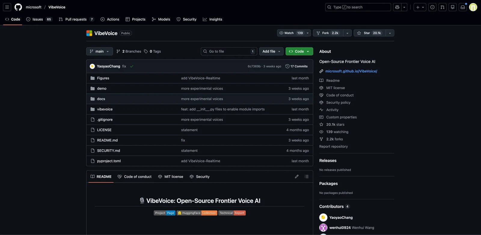 VibeVoice Realtime Hugging Face model page showing model card and code repository