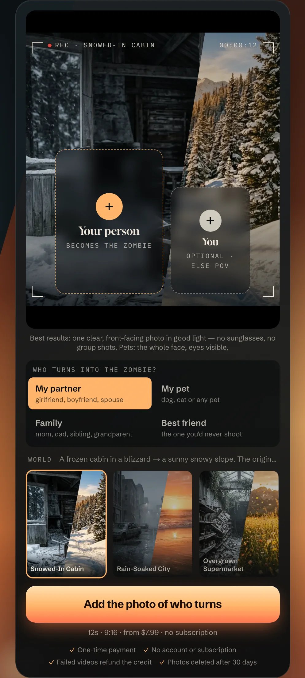AI Zombie creation form with photo inputs, character roles, and setting choices