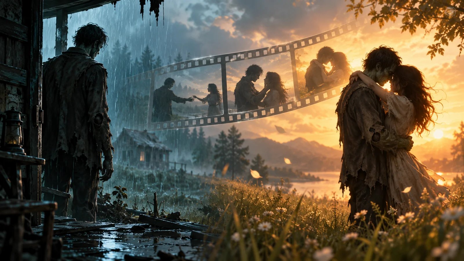 Conceptual zombie love story moving from a cold encounter to a warm reunion