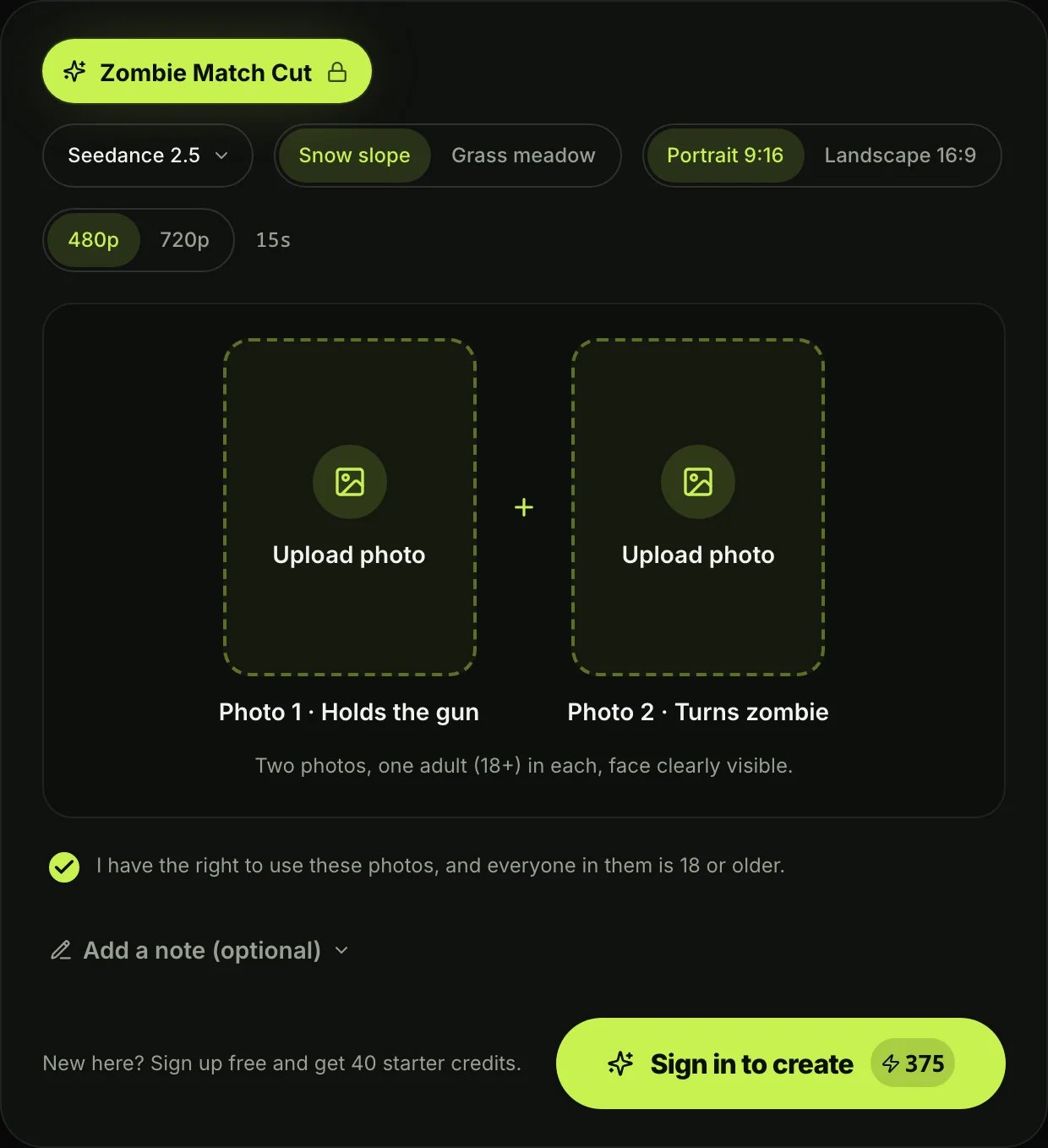 Seadanse zombie match cut form with photo slots and format controls