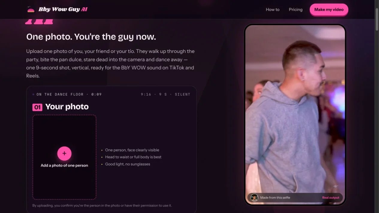 Bby Wow Guy AI's official single-person photo upload form beside its example party video.
