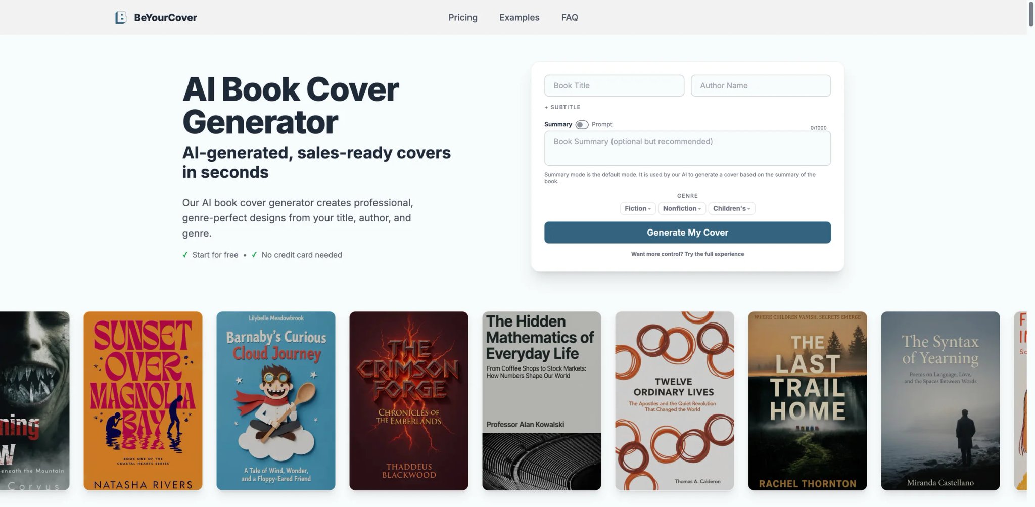 BeYourCover interface showing full-wrap print cover layout with spine and back