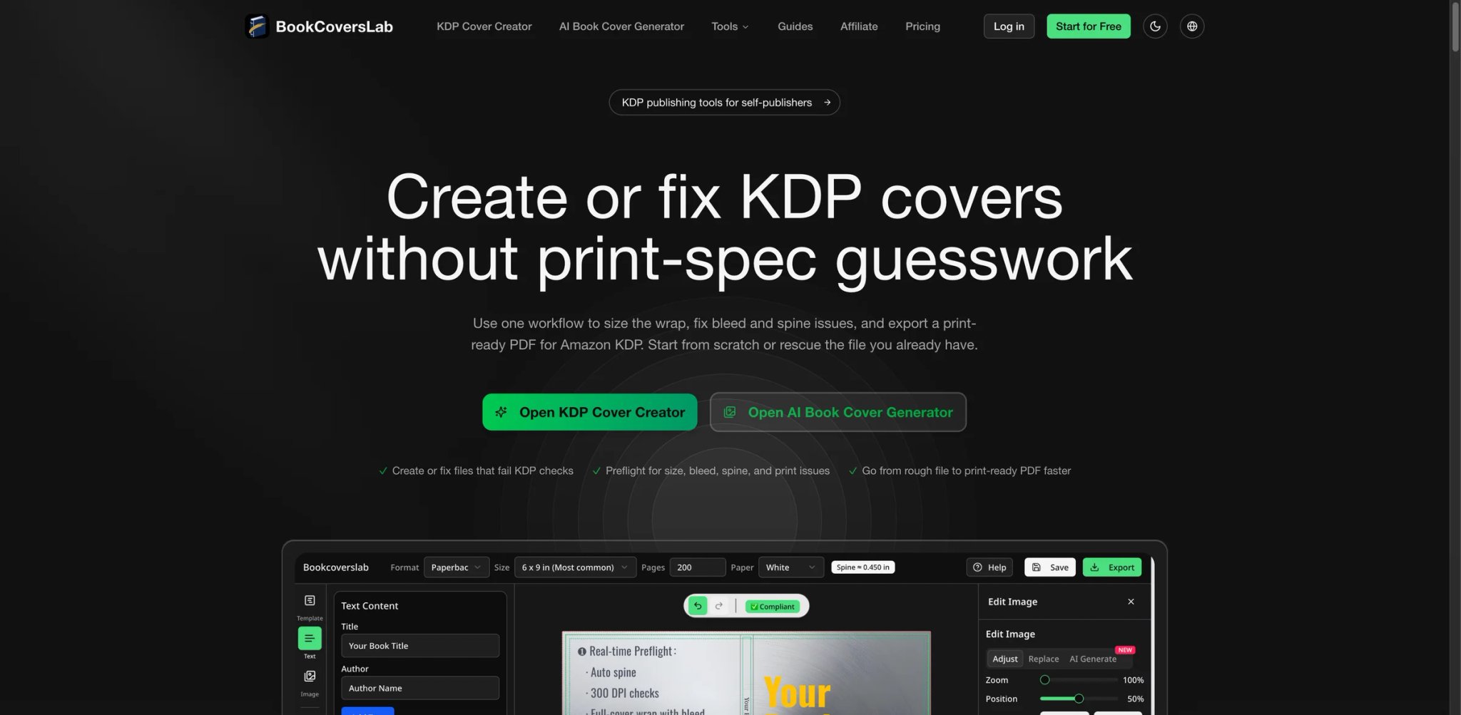 BookCoversLab interface showing KDP cover creator with trim and bleed tools
