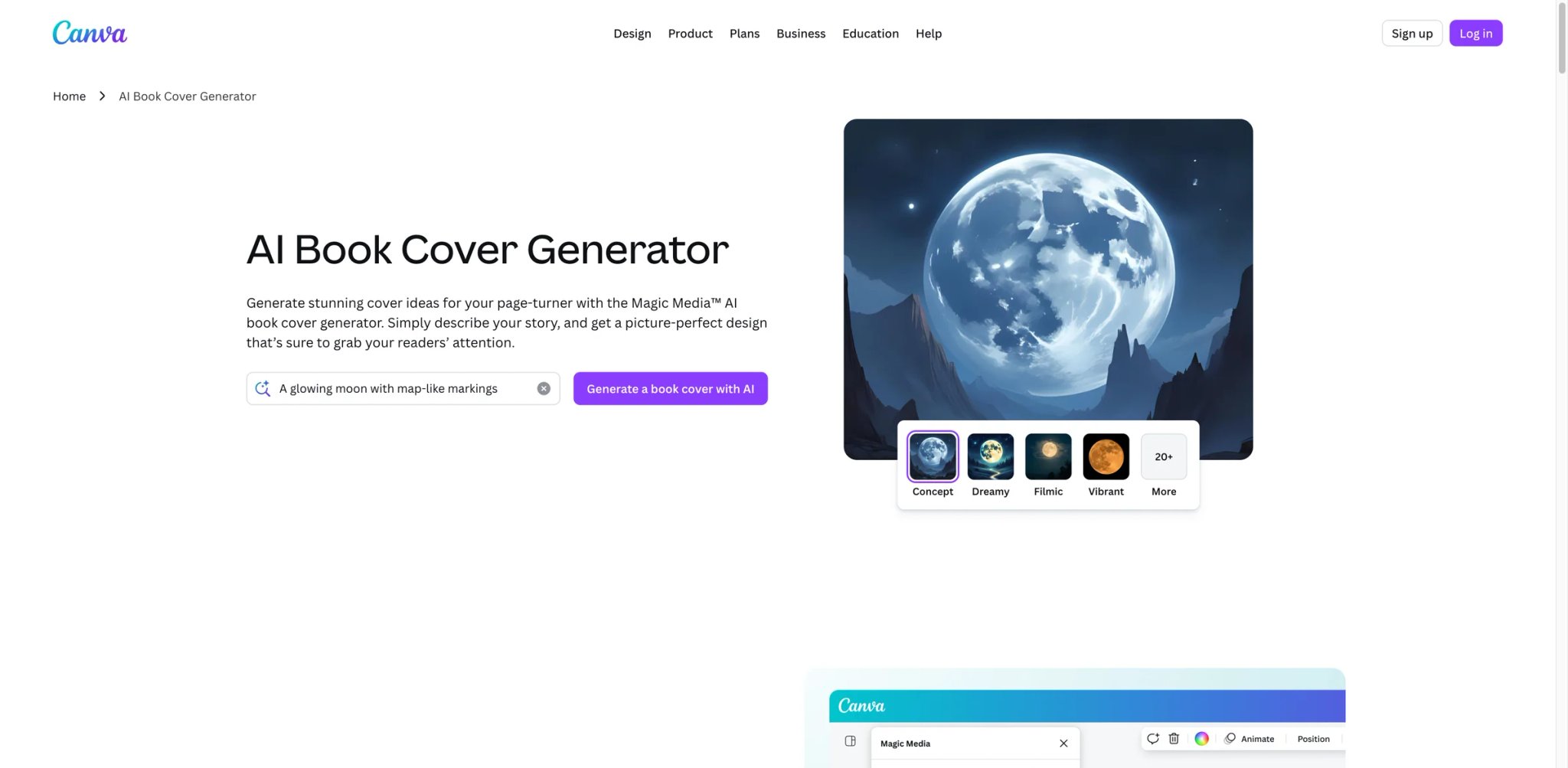 Canva Magic Studio interface showing book cover template and AI image panel