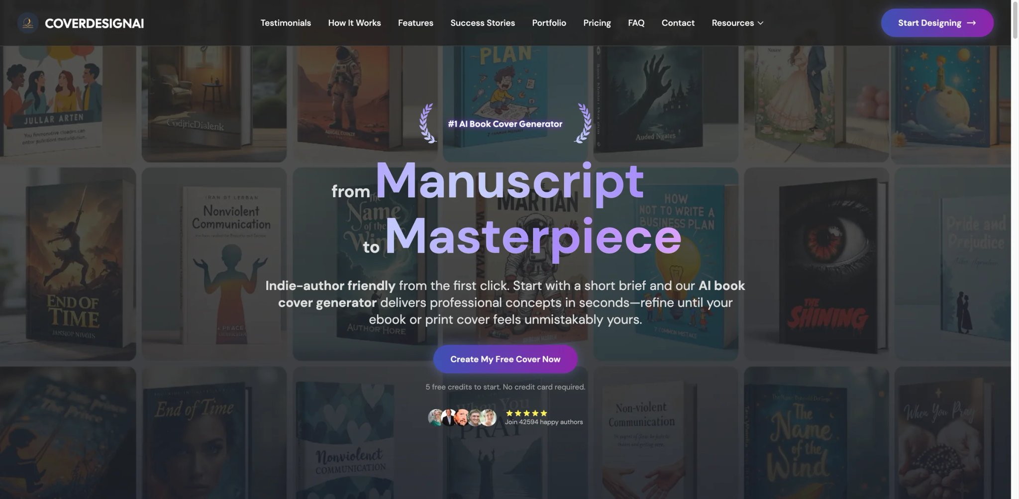 CoverDesignAI interface showing generated book cover concept options