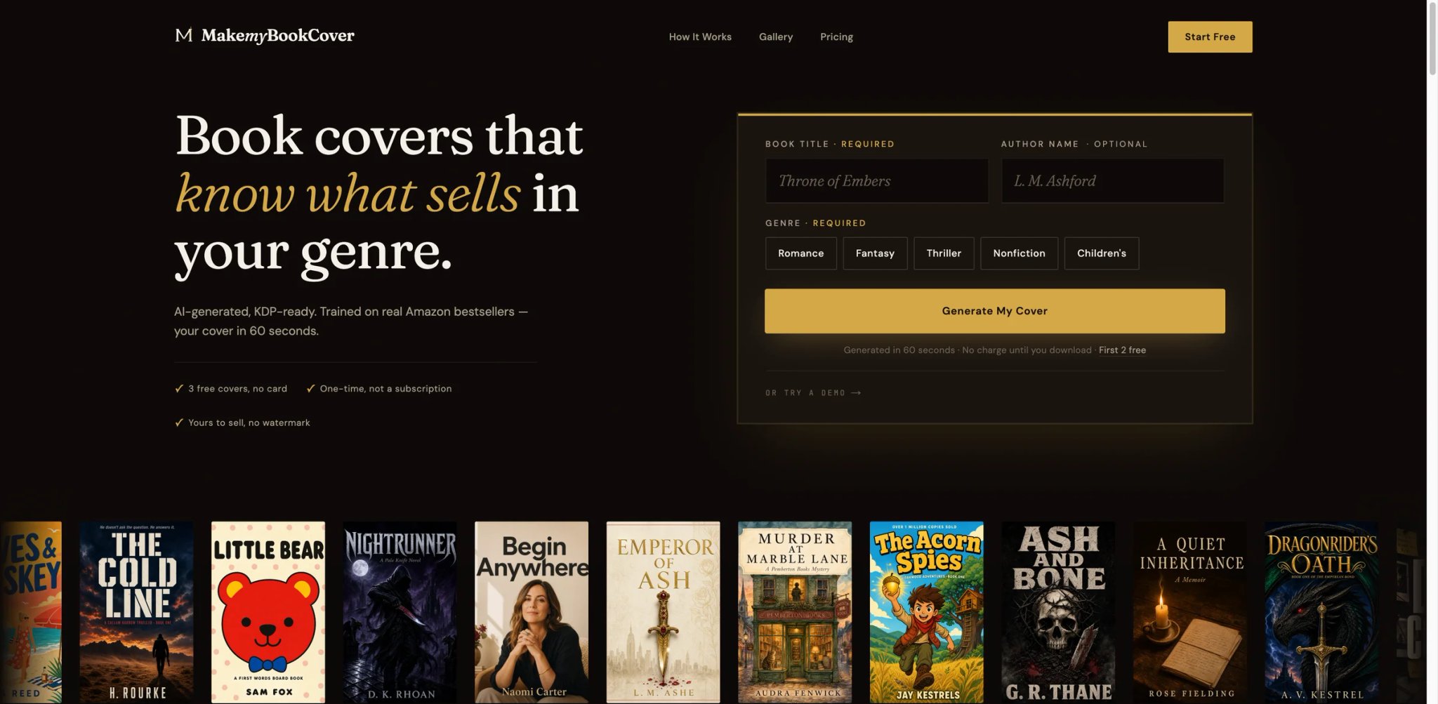 MakeMyBookCover interface showing genre selection and a generated KDP-ready cover