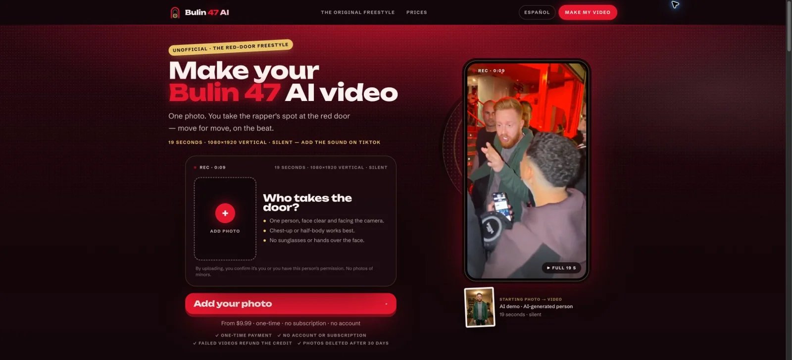 Bulin 47 AI Video Maker public creator with the photo-upload control, prepared red-door example and vertical-video specifications