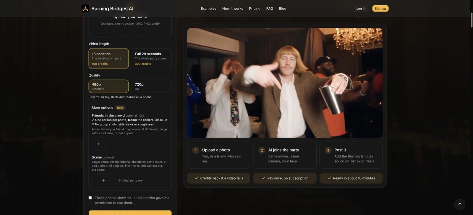 burning-bridgesai.com creator with four friend slots, an optional scene photo and video length controls
