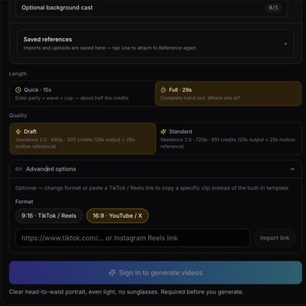 Reeldo Burning Bridges generator showing full-length credit estimates and format controls