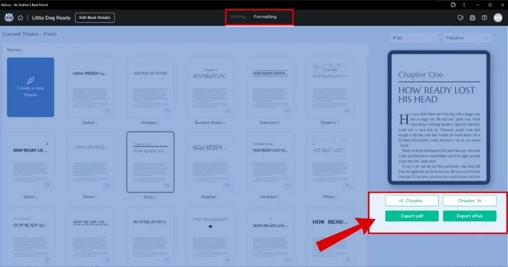 Atticus official formatting interface highlighting EPUB and PDF export buttons