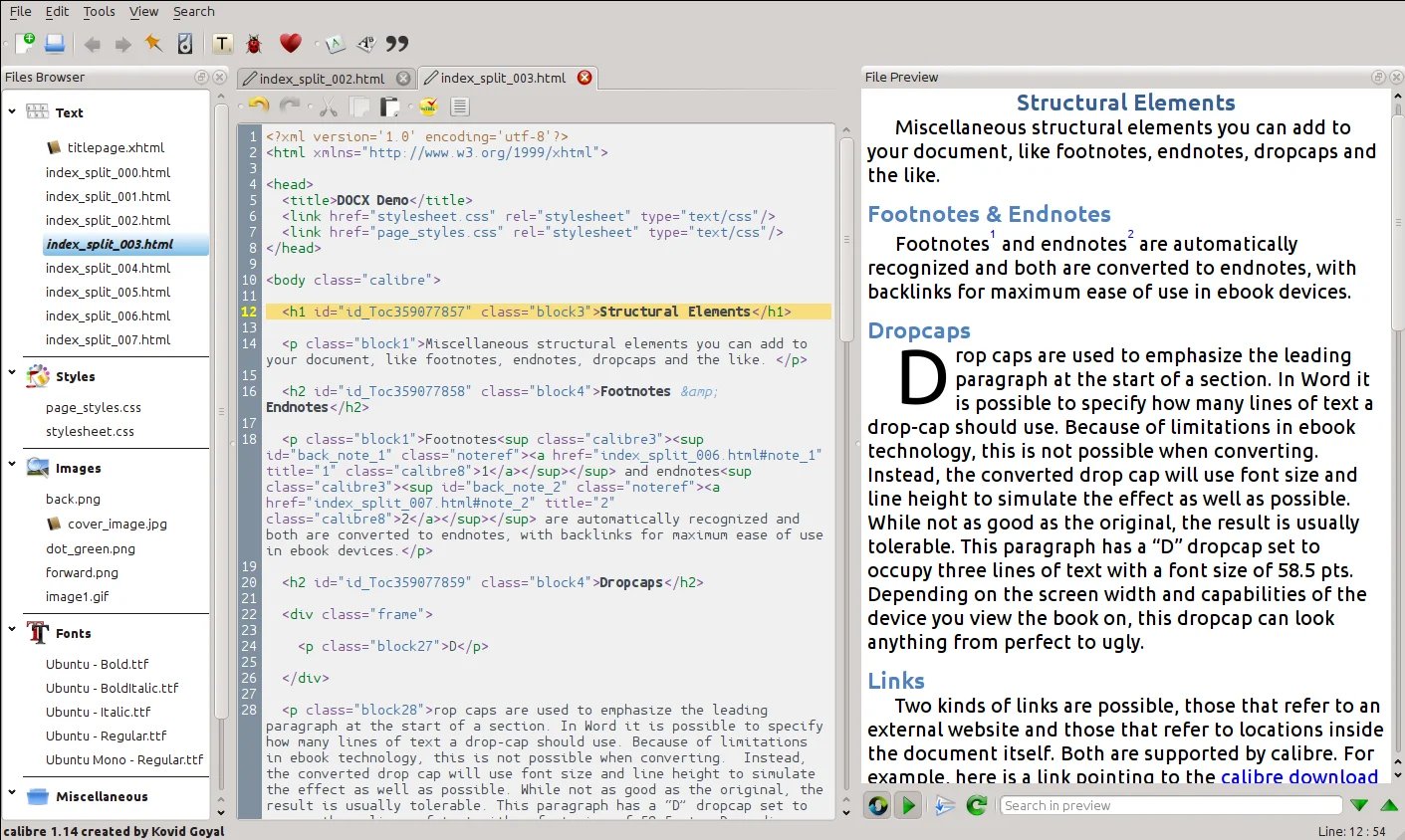 Official calibre ebook editor example showing book files, HTML source and live preview
