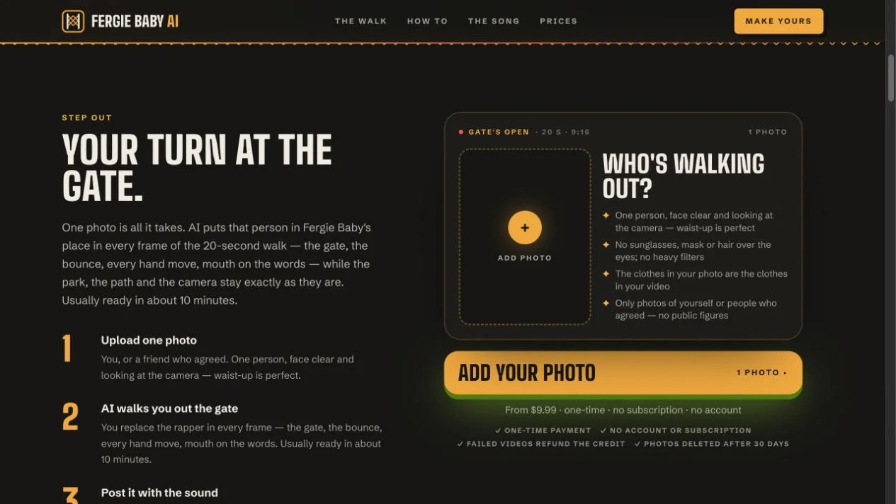 Fergie Baby AI interface showing the single-photo upload workflow and one-time video pricing