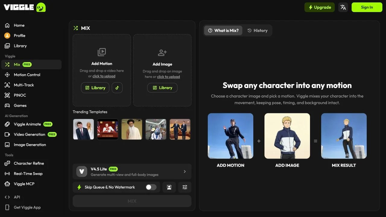 Viggle Mix interface showing separate motion-video and character-image inputs
