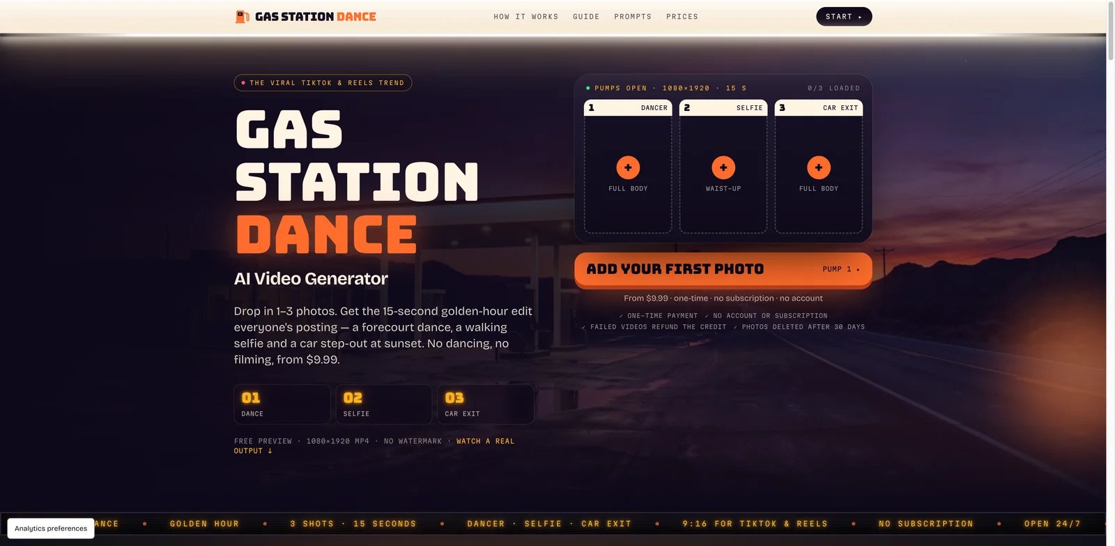 Gas Station Dance's three role upload slots for dancer, selfie, and car exit