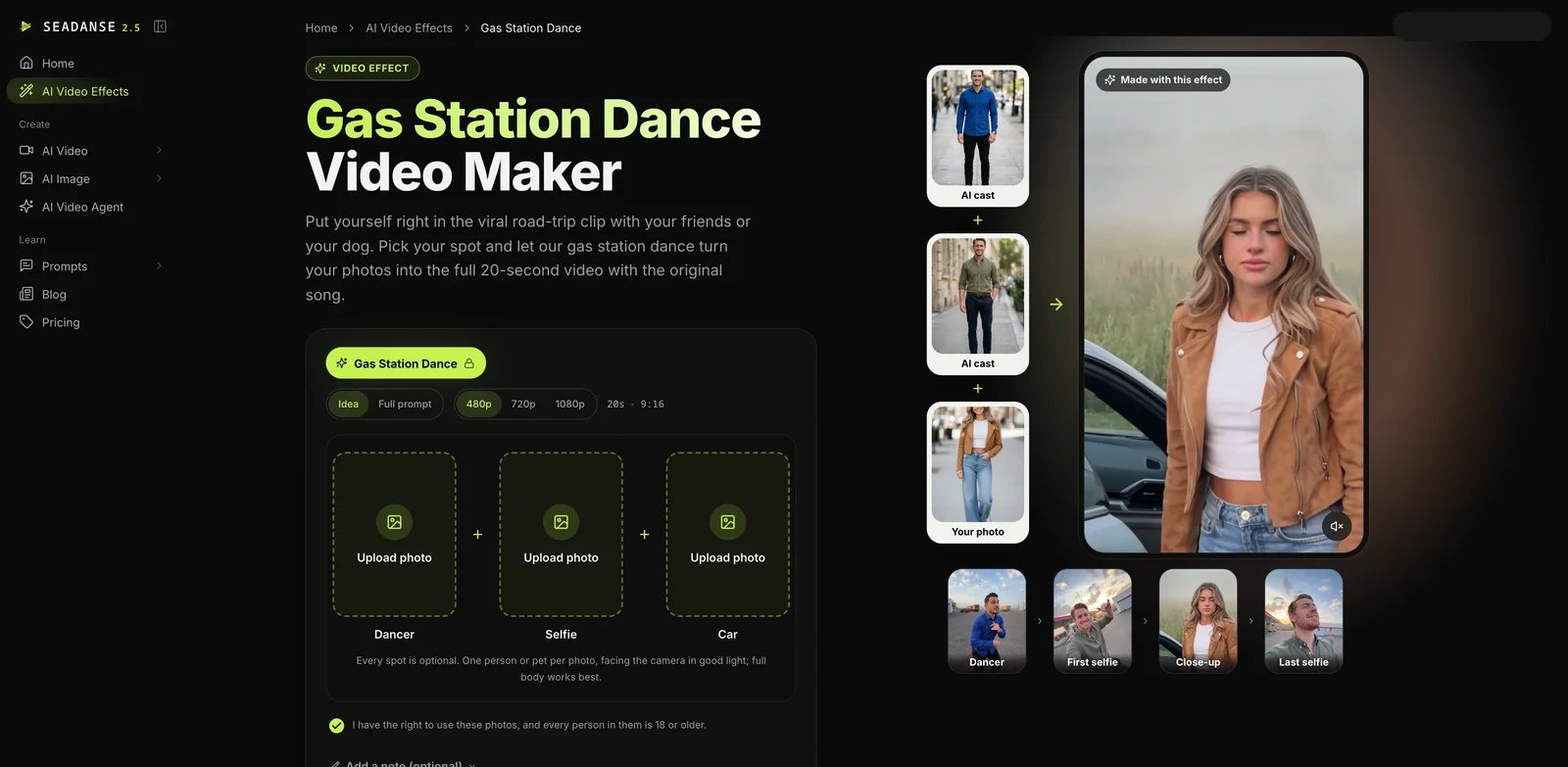 Seadanse's Gas Station Dance role uploads, prompt modes, and resolution controls