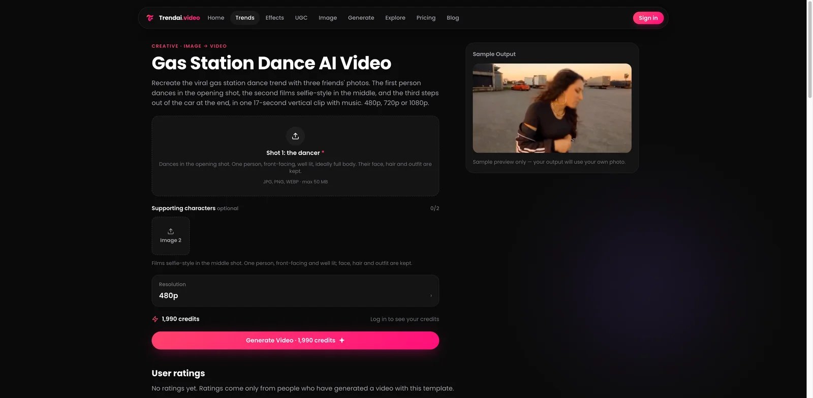 Trendai.video's Gas Station Dance role uploader and resolution selector