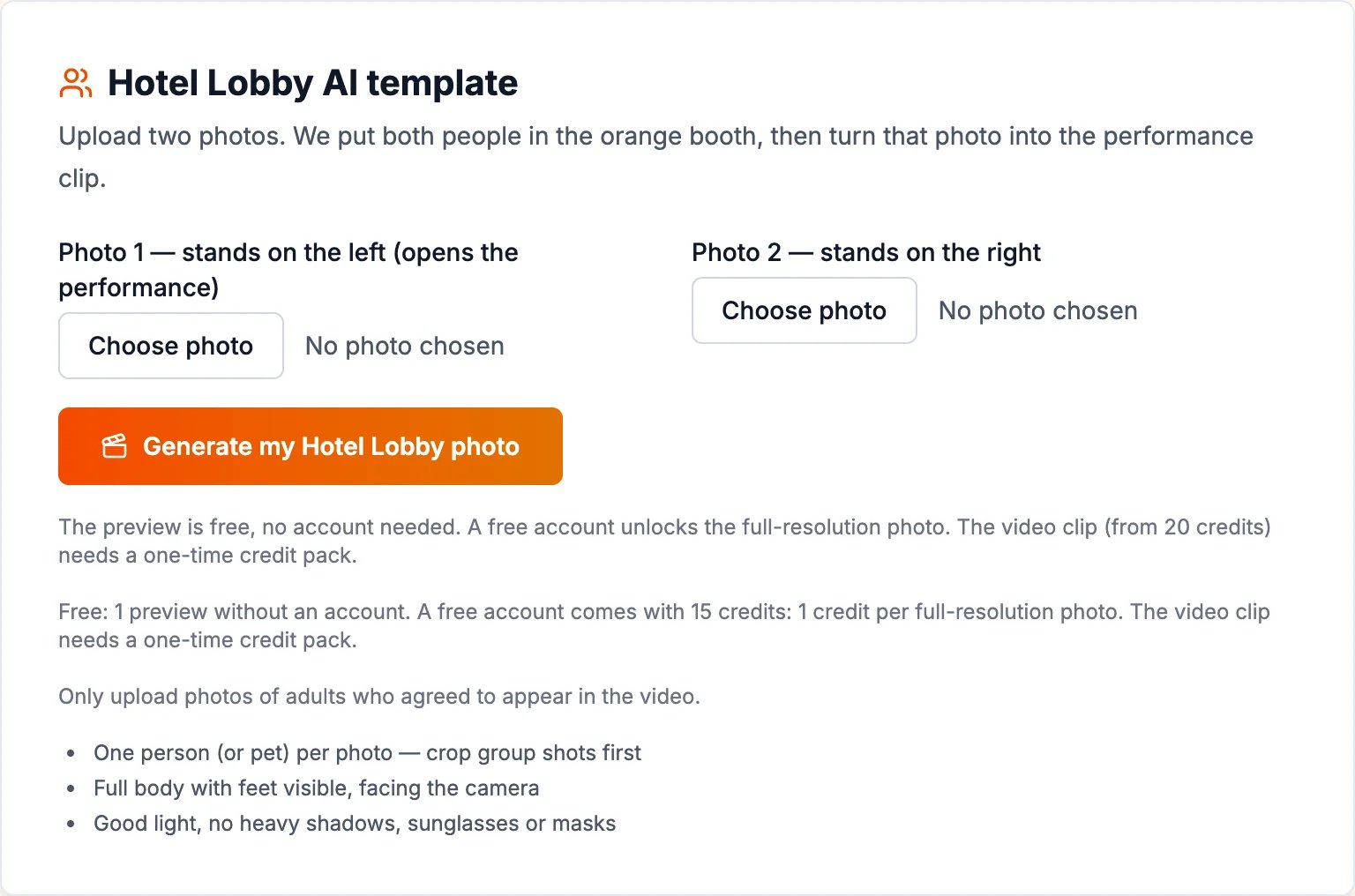Fuzana Hotel Lobby tool separating the free booth photo preview from video generation