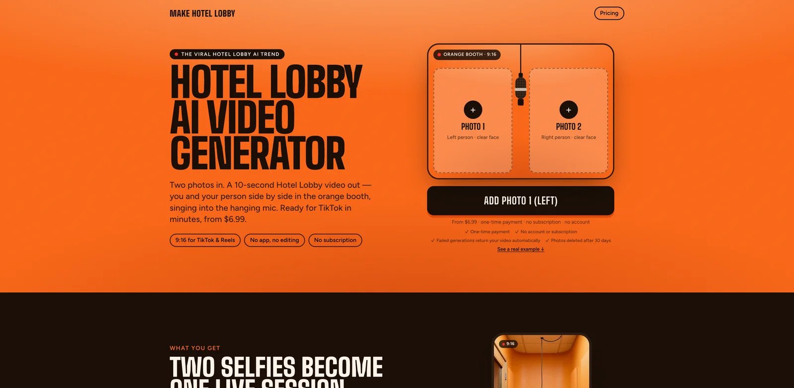 Make Hotel Lobby generator with separate left and right performer photo inputs and one-time video packs