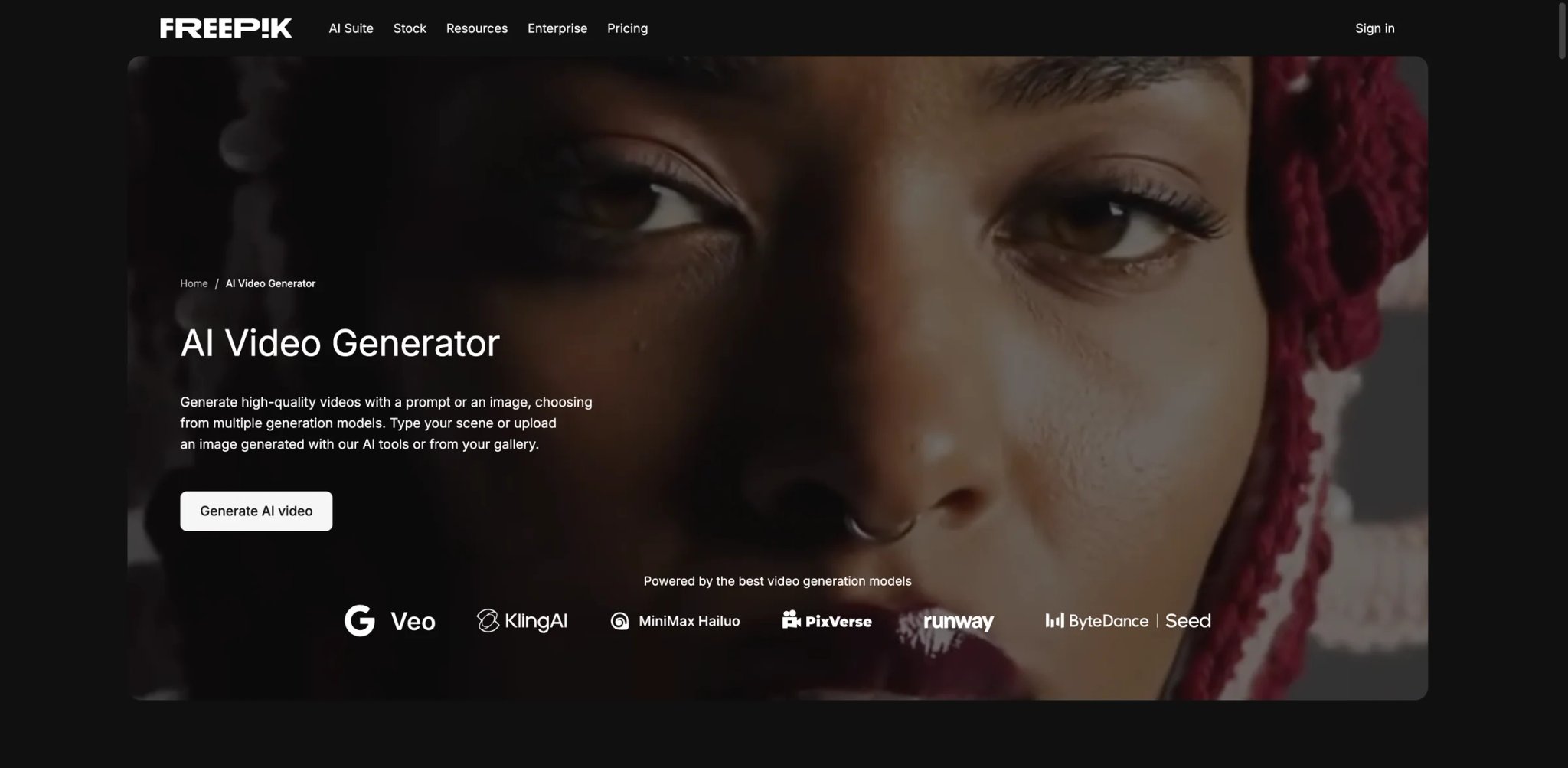 Freepik AI Video Generator interface showing multi-model selection and asset library
