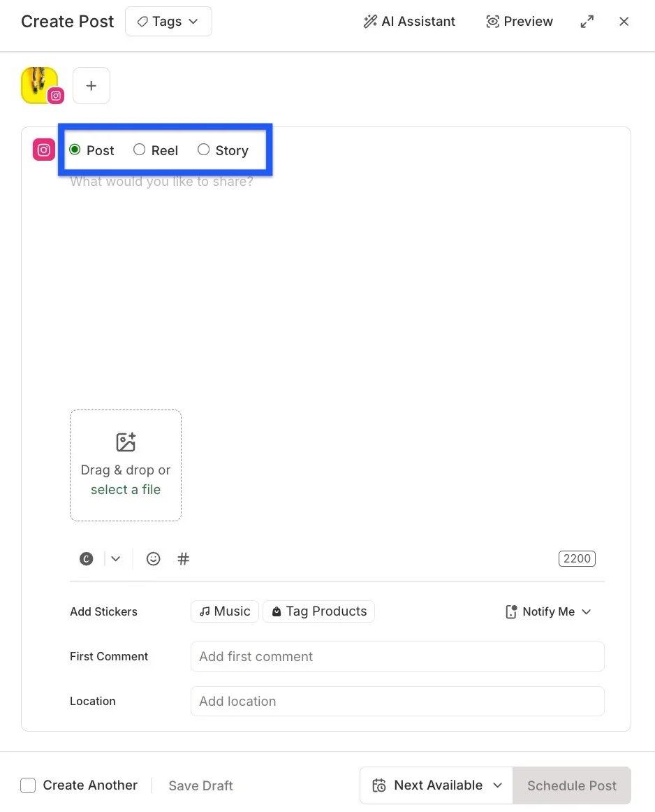 Buffer Instagram composer showing Post, Reel and Story choices with Notify Me selected