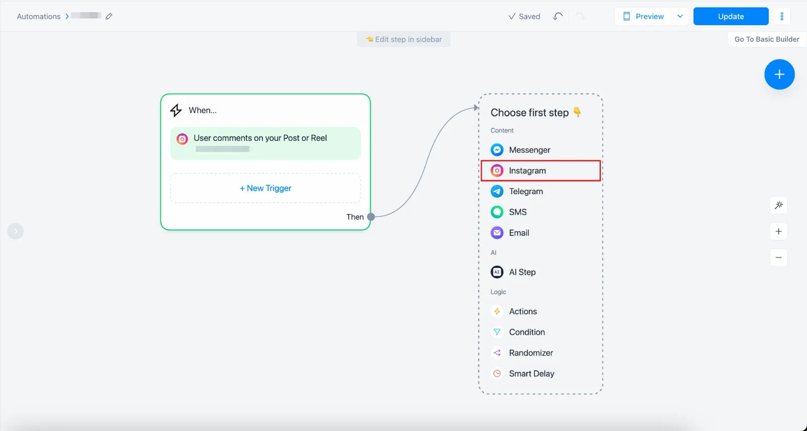 Manychat Flow Builder showing a Post or Reel comment trigger connected to an Instagram message step