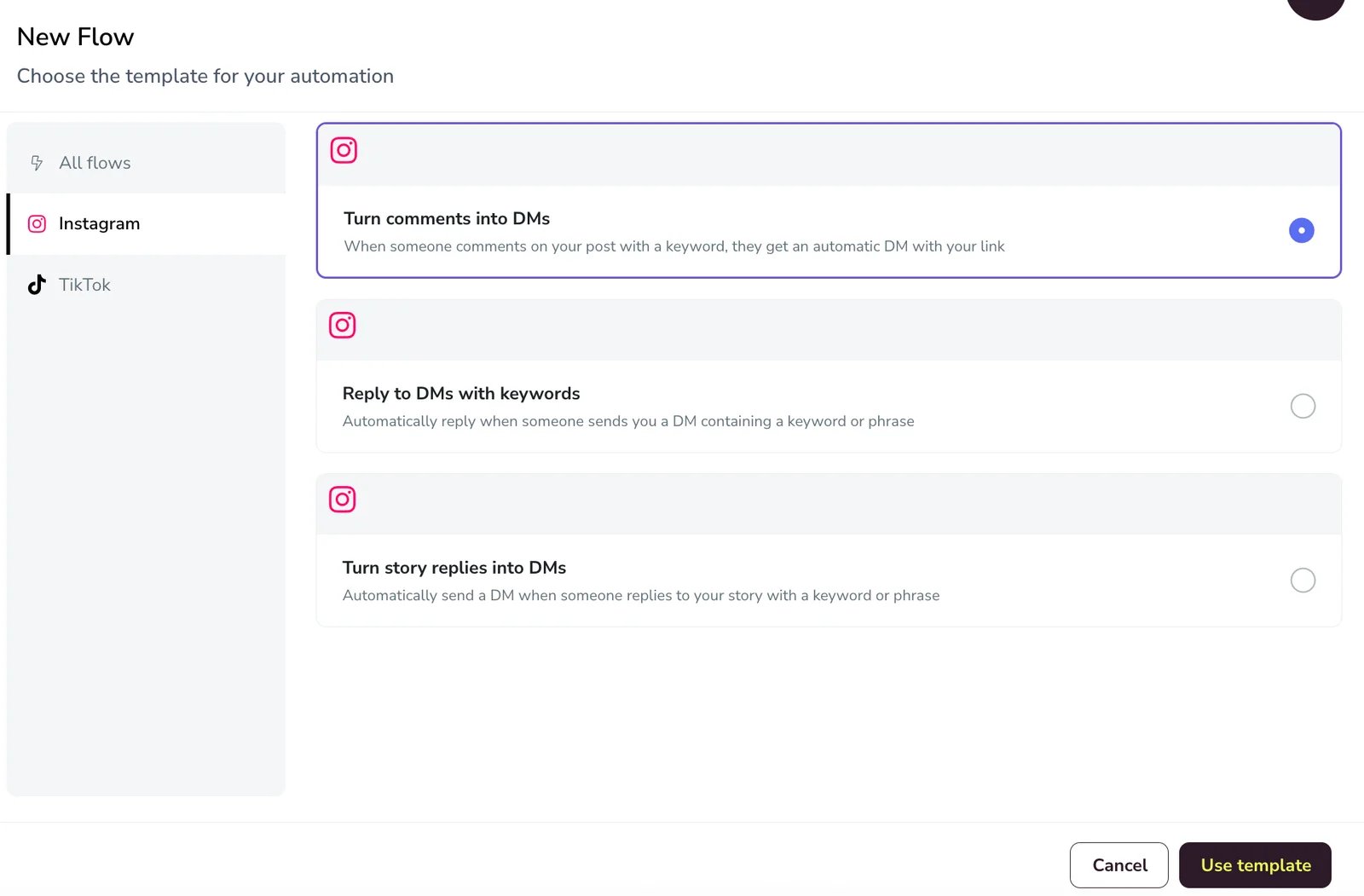 Metricool New Flow menu showing separate Instagram comment, DM-keyword and Story-reply templates