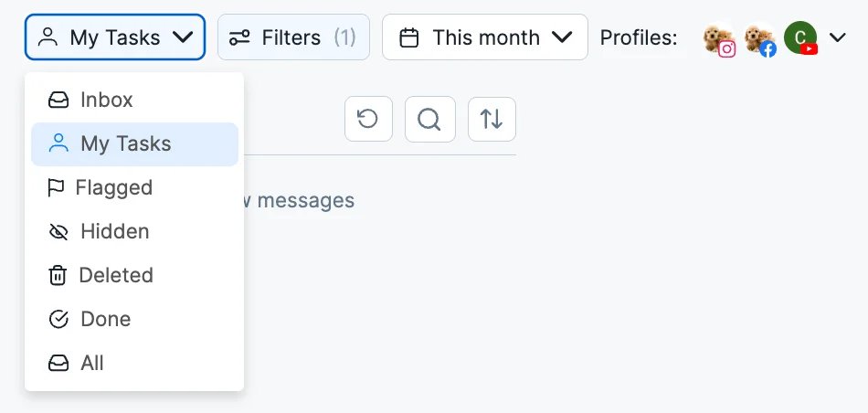 NapoleonCat Social Inbox My Tasks filter alongside connected social profiles