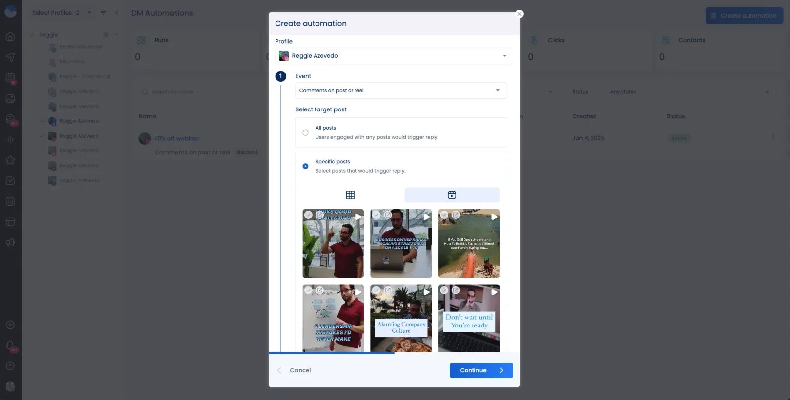 Vista Social DM Automation setup showing all-post versus specific-post or Reel targeting
