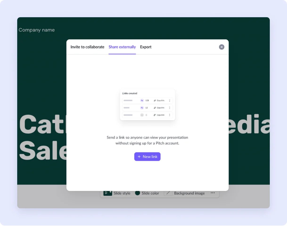 Pitch external sharing controls for a presentation link