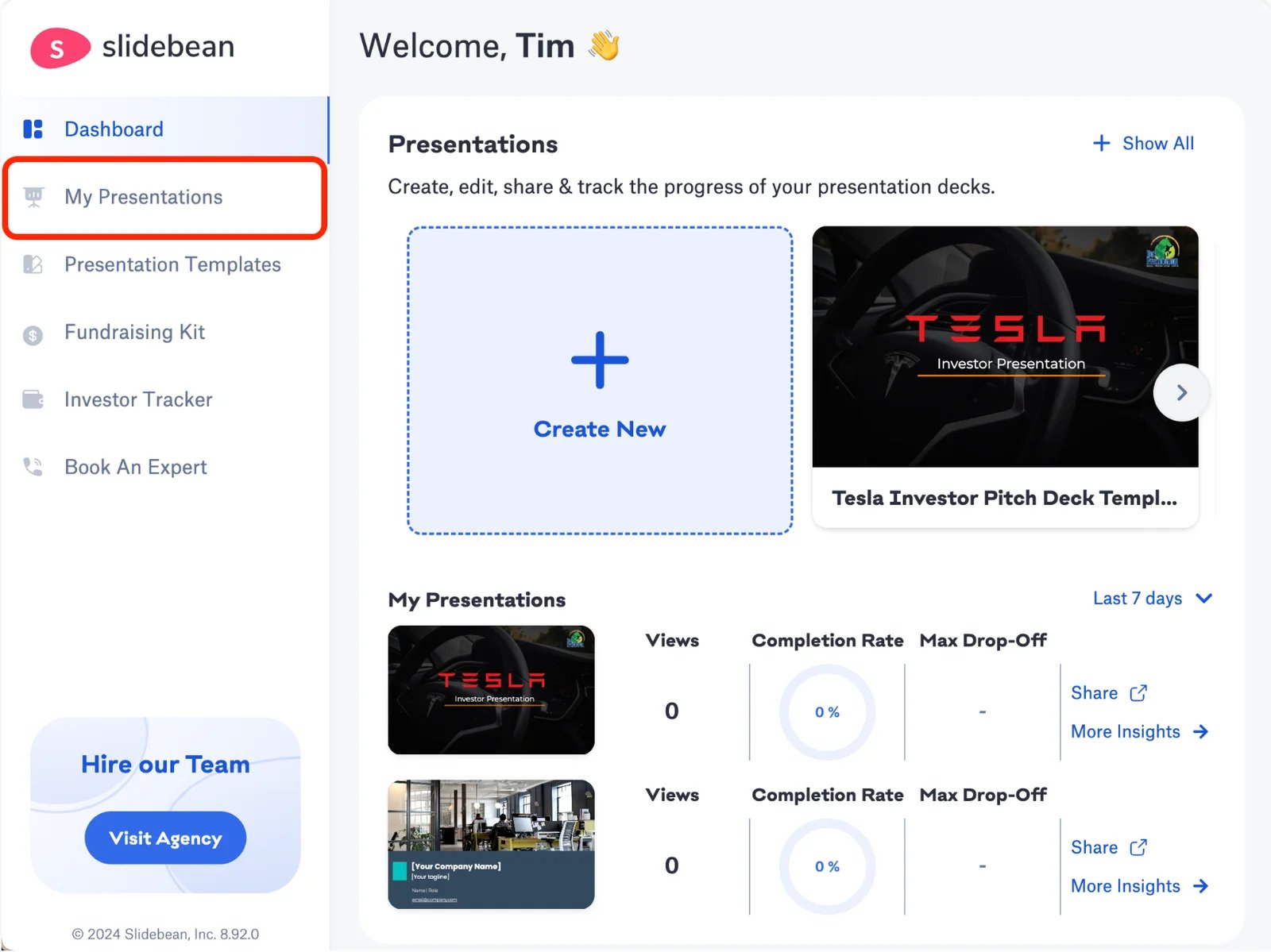 Slidebean presentation dashboard showing deck management and tracking controls