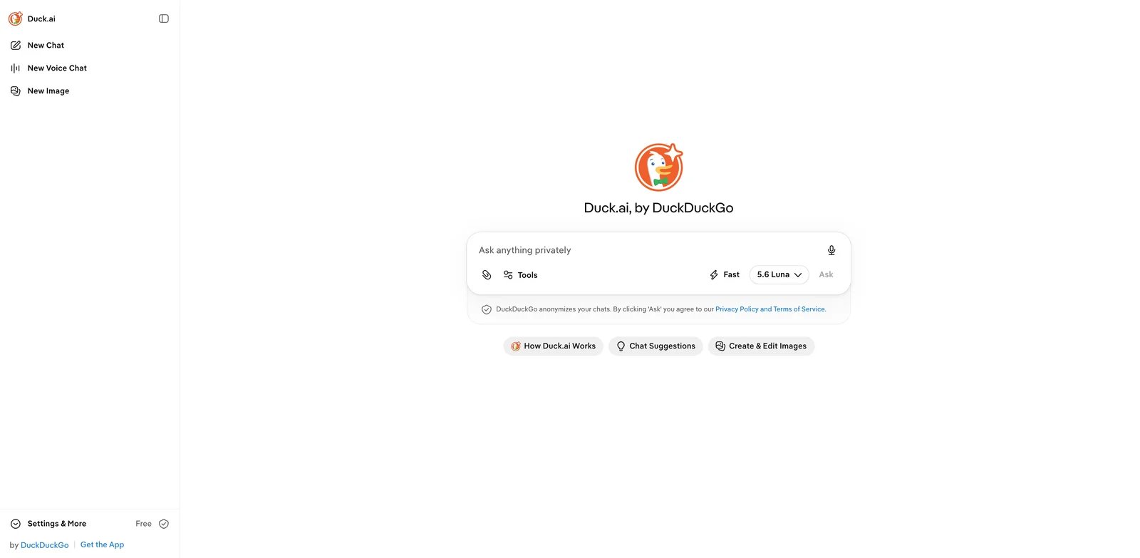Duck.ai chat interface with the model-selection control
