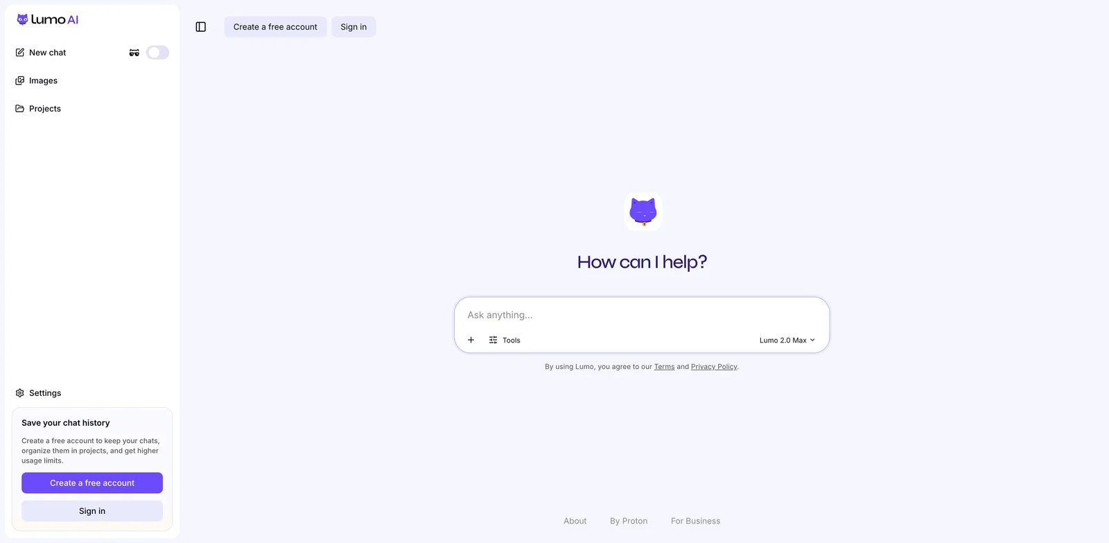 Proton Lumo guest chat interface with Tools and Ghost chat controls