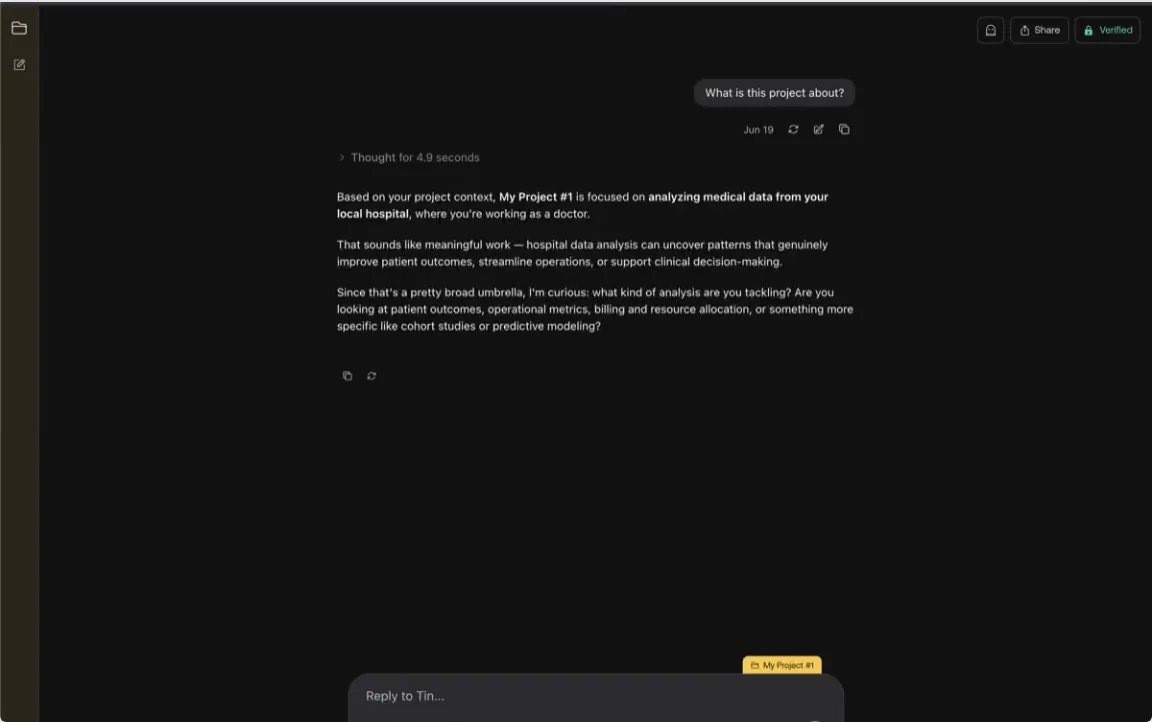 Tinfoil Chat Projects interface as published on its official product page
