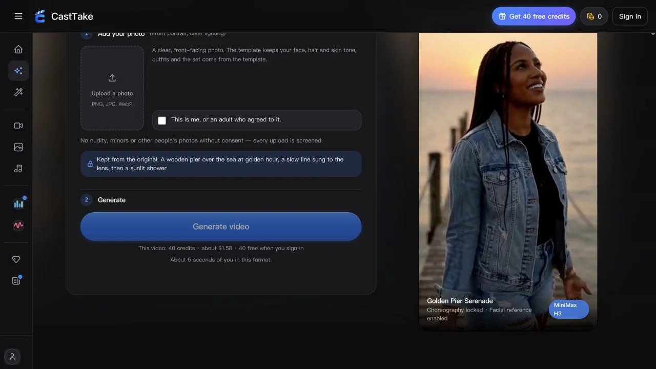 CastTake portrait upload and consent controls for its solo pier template