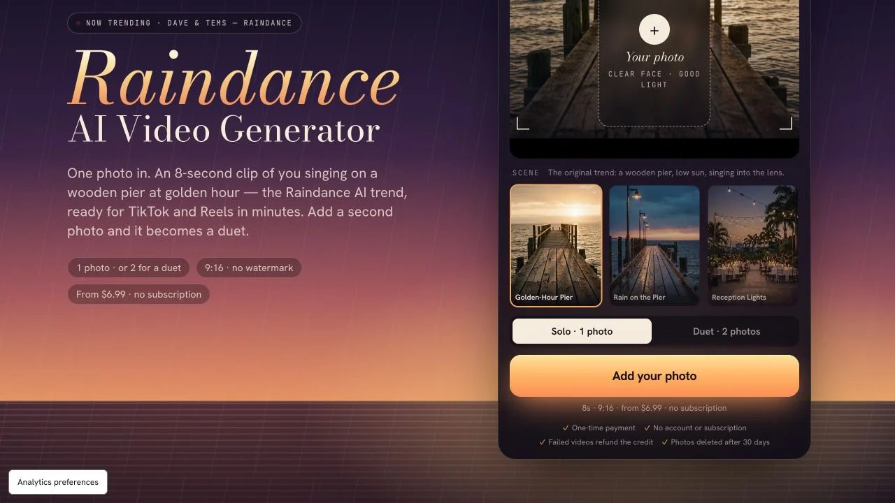 Raindance AI solo and duet controls beside its three scene choices