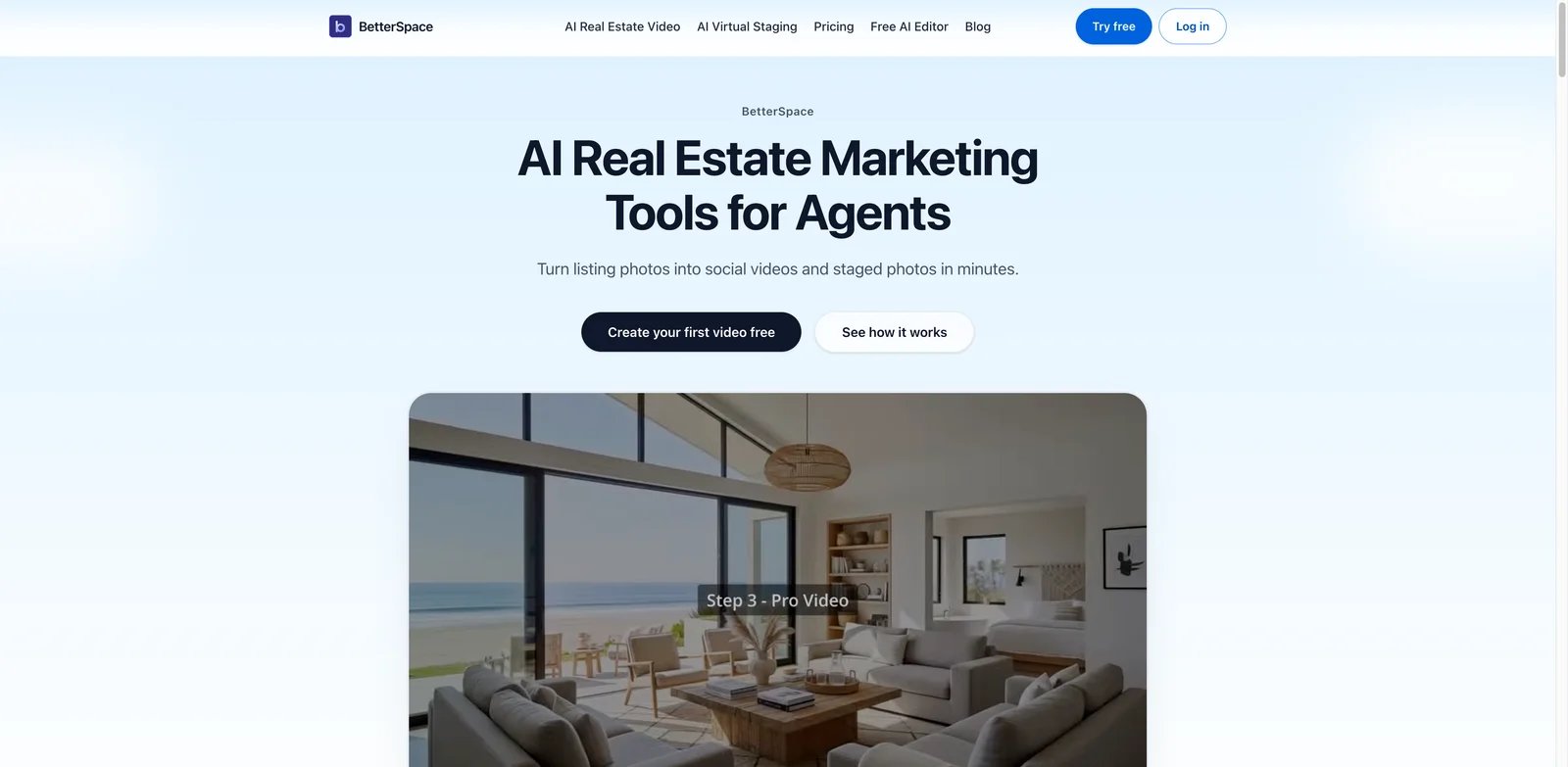 BetterSpace interface showing AI real estate video and virtual staging