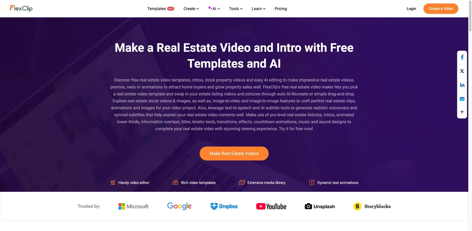 FlexClip interface showing free real estate video maker templates