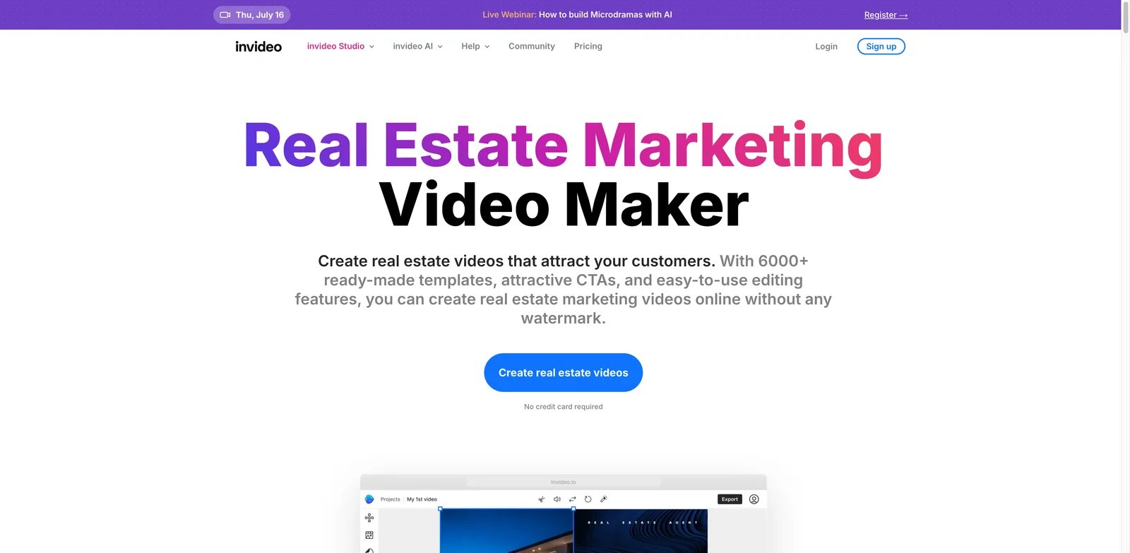 InVideo Studio interface showing real estate marketing video templates