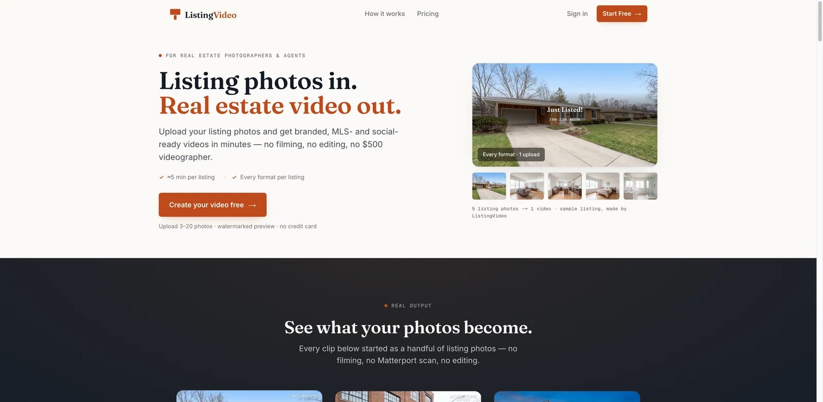 ListingVideo interface showing real estate video maker workflow
