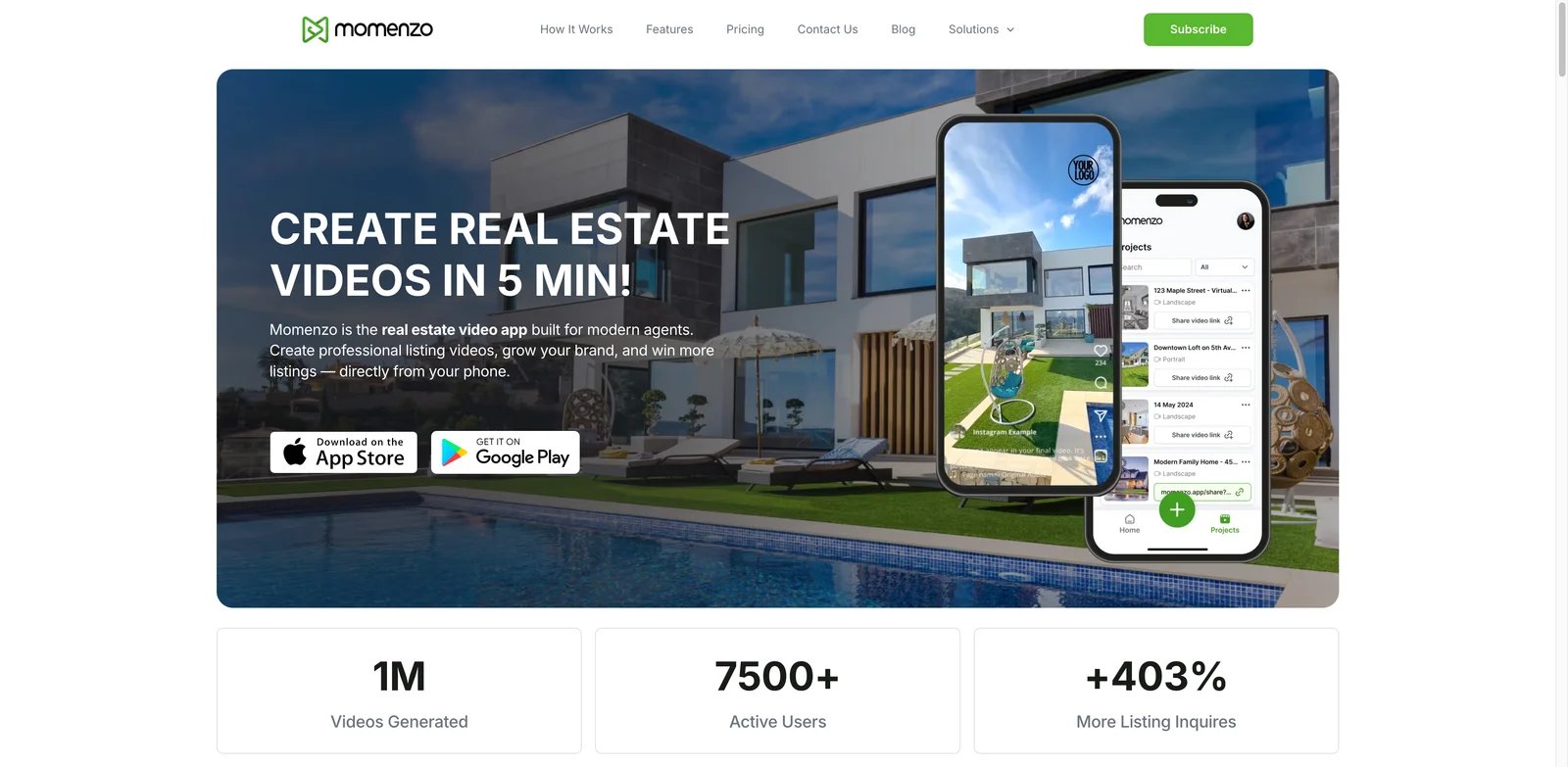 Momenzo interface showing mobile real estate video app