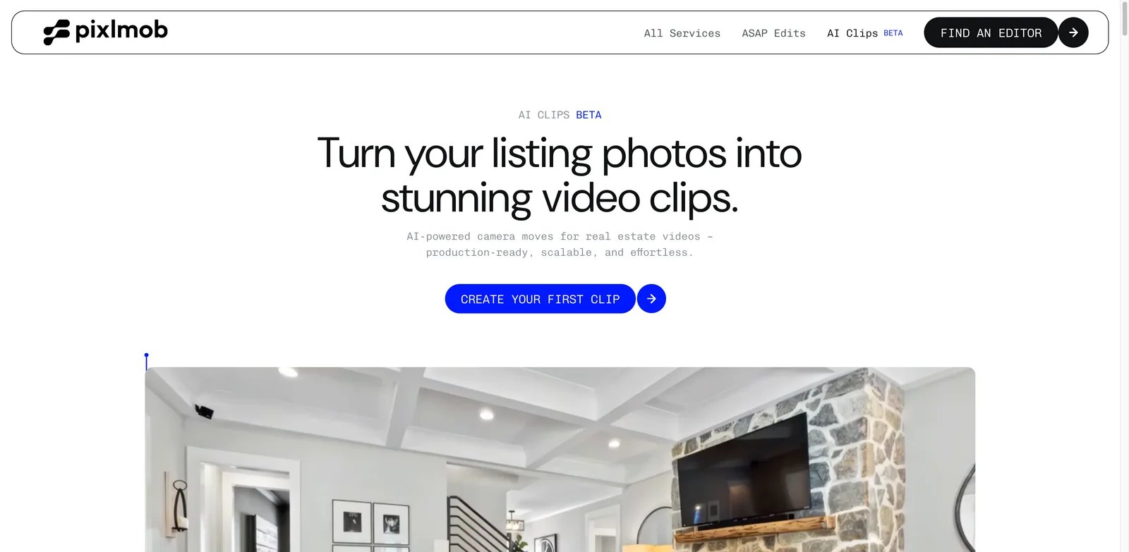 Pixlmob AI Clips interface showing property image video clips
